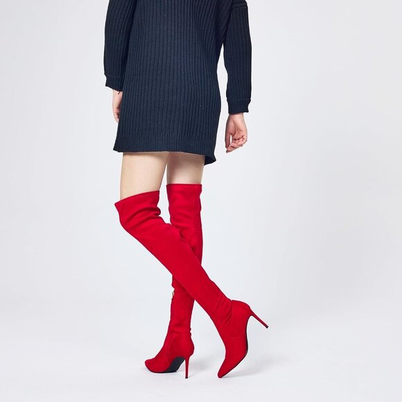 ⚡Women's Suede Red Sexy 4.3 inch Tang Thigh High Boots Over Knee Pointed Toe - Picture 9 of 9